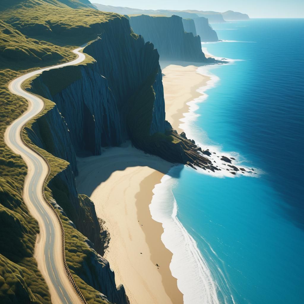 Ukiyo-e Road Through Cliffs and Beach