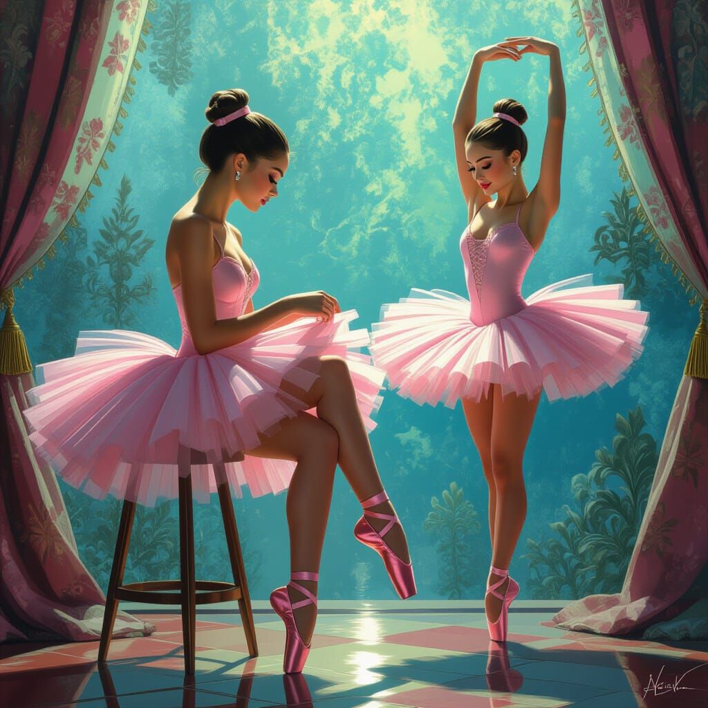 Ballerinas Tying Slippers in Fantastical Matte Painting