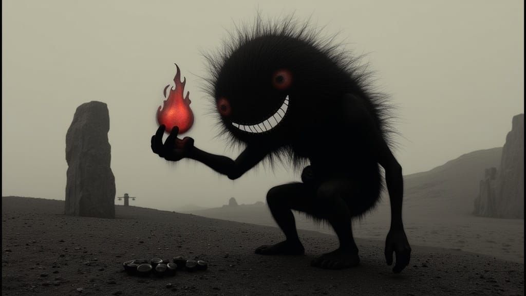 Squatting Pygmy Obsidian Flame Genie,