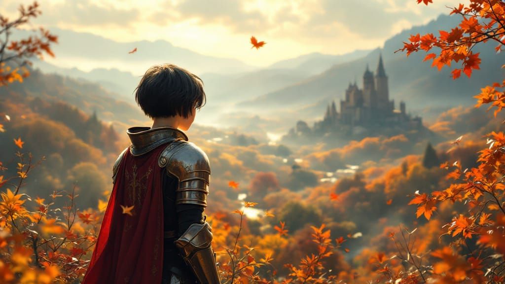 Armored Woman in Autumn Landscape, Ethereal Fantasy