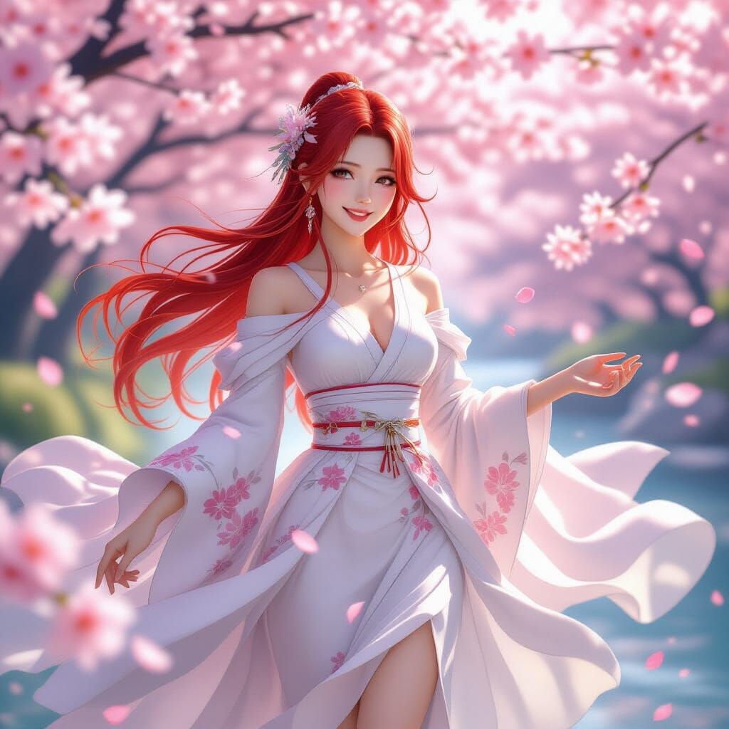 Japanese Woman Floating Among Cherry Blossoms