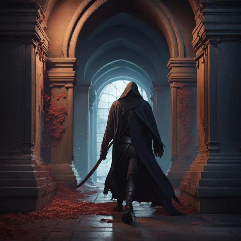 Man Escaping Grim Reaper in Crypt: Fantasy Art