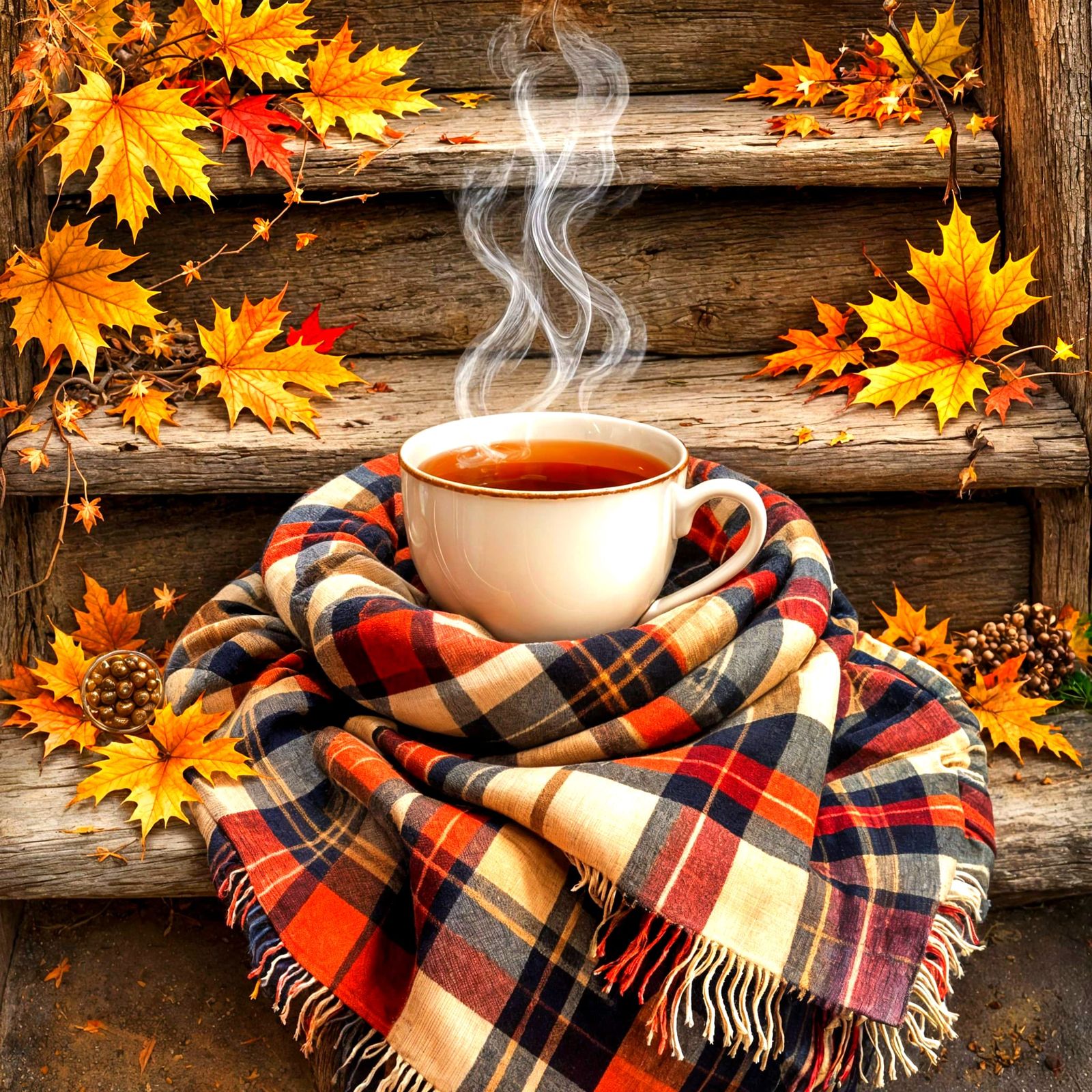 Steaming Tea Cup on Cozy Fall Decorated Steps