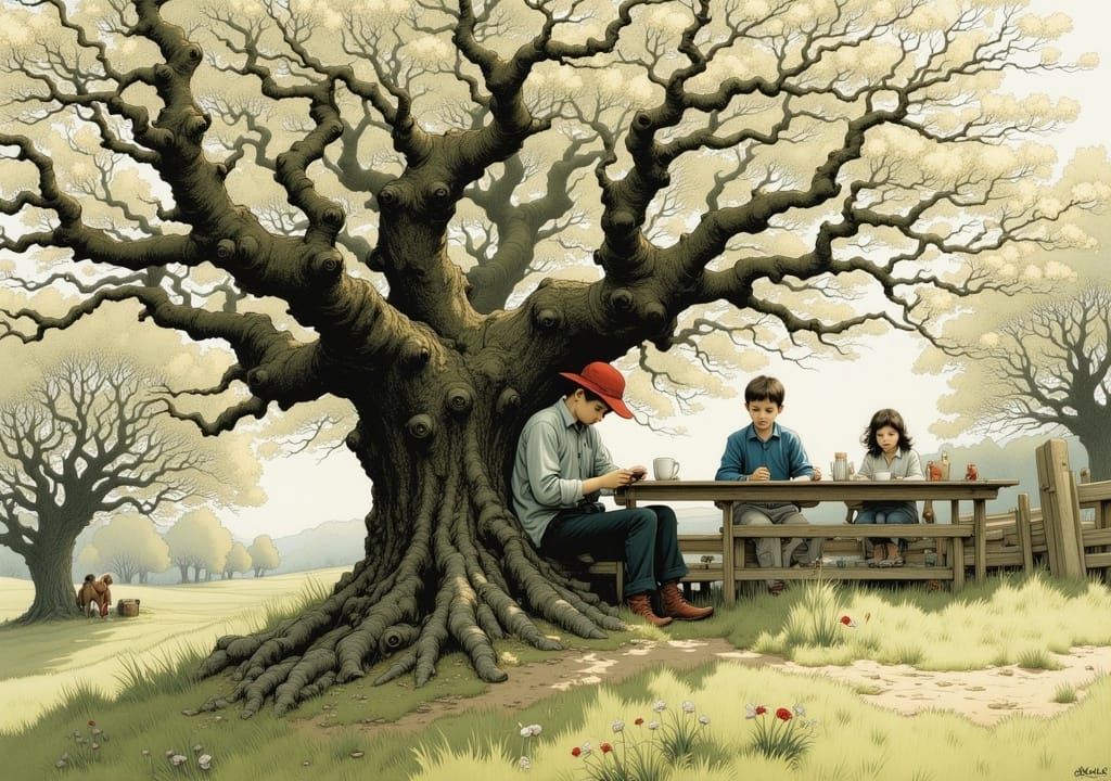 Coffee Under Apple Tree: Watercolor Illustration