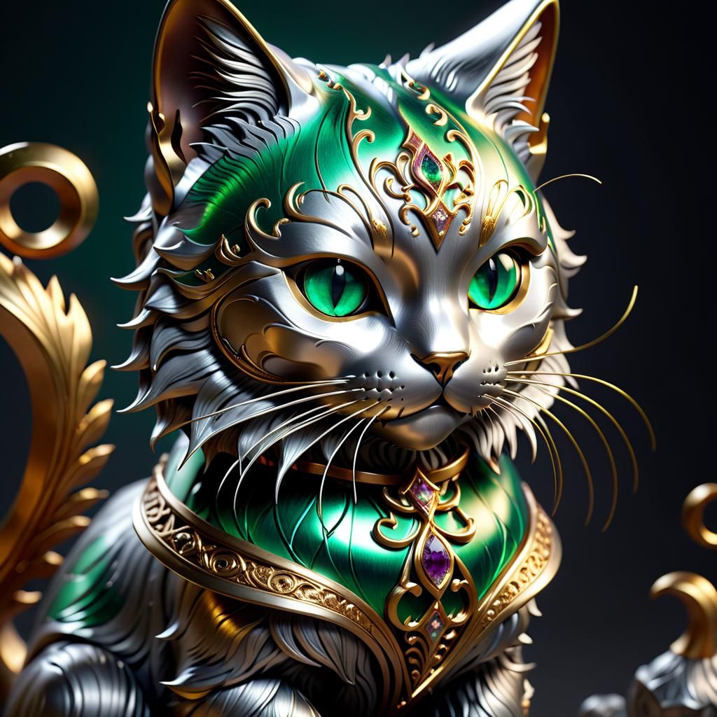 Metallic Cat Sculpture with Emerald Eyes