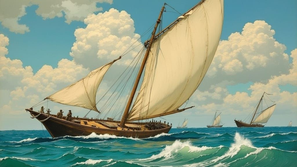 Ancient Greek Sailing Vessel in Turquoise Waves under Golden...