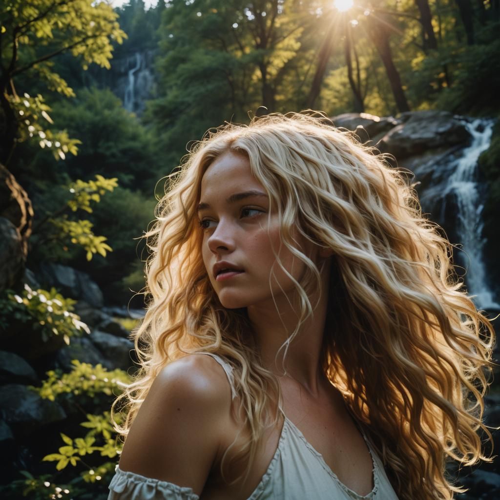 Nude Blonde Under Waterfall in Cinematic Style