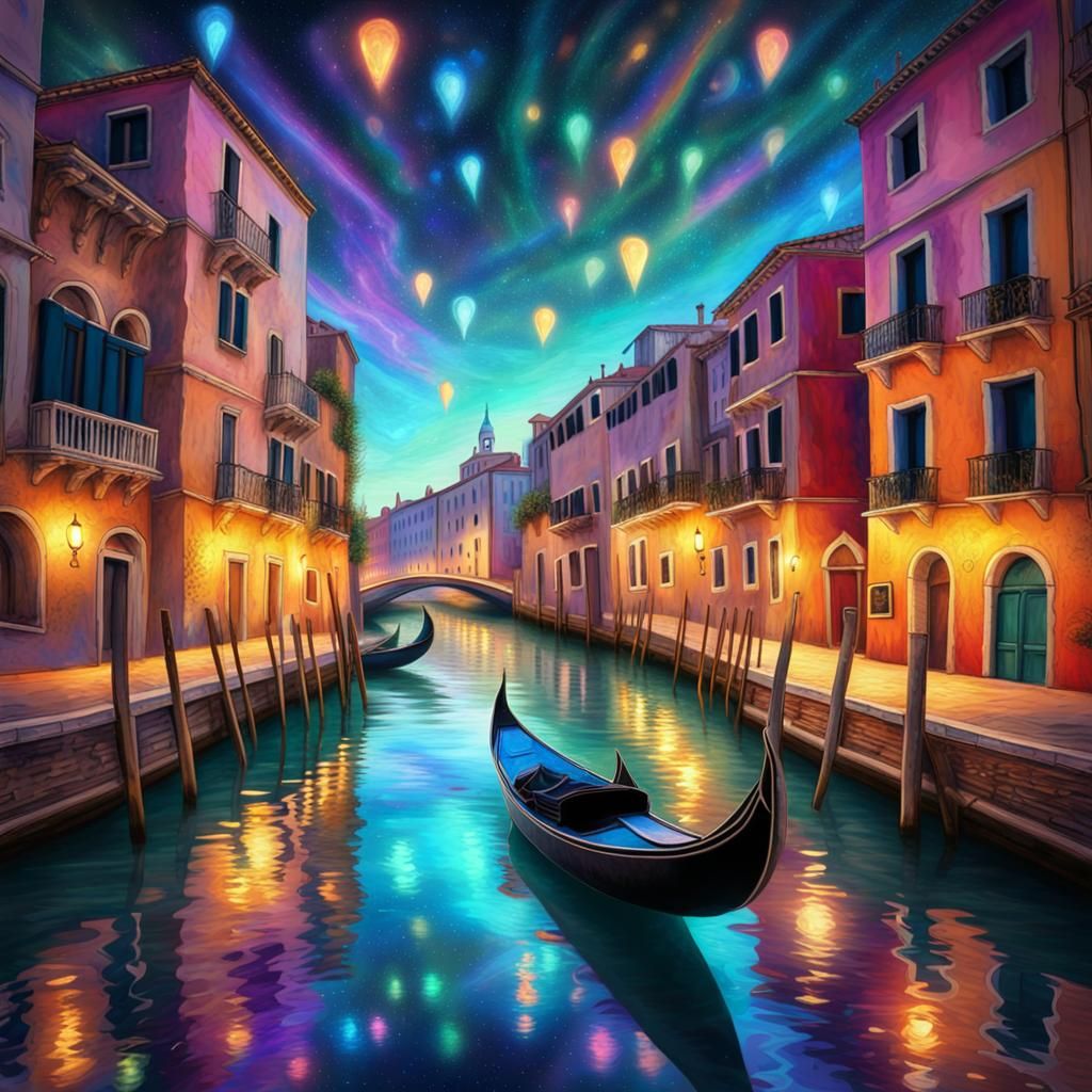 Venice Gondolas in Holographic Cosmic Illustration