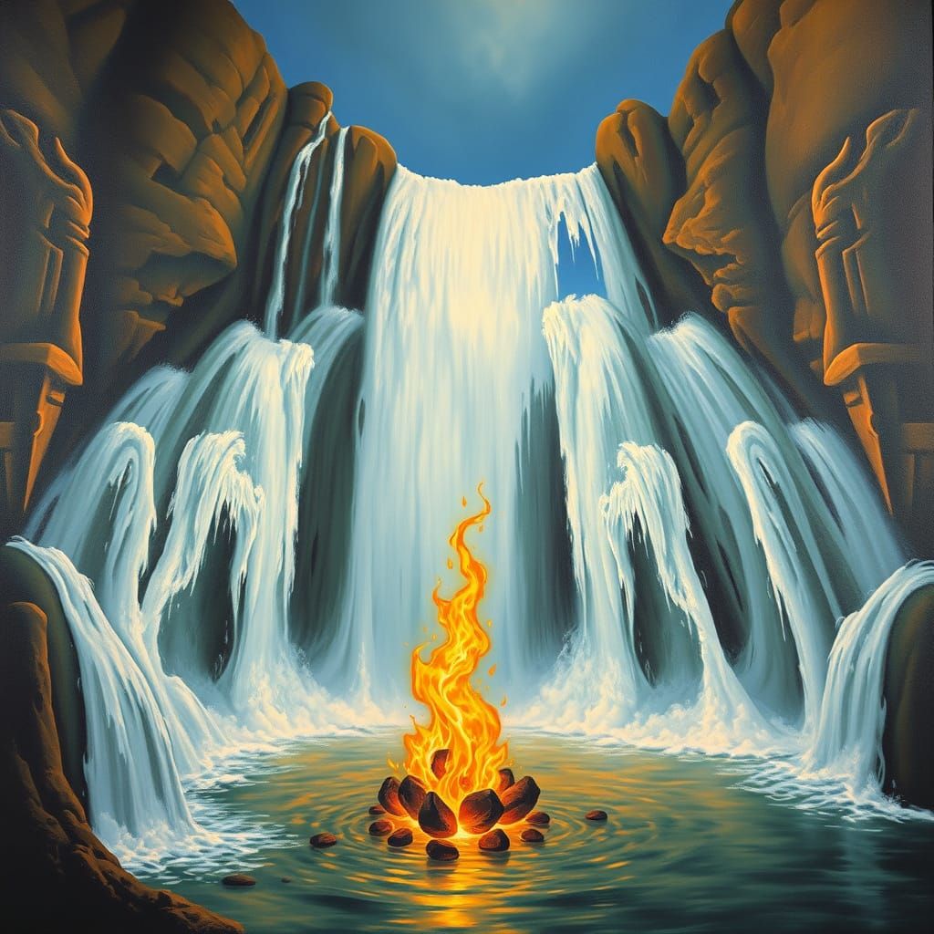 Surreal Waterfall With Burning Love Symbol