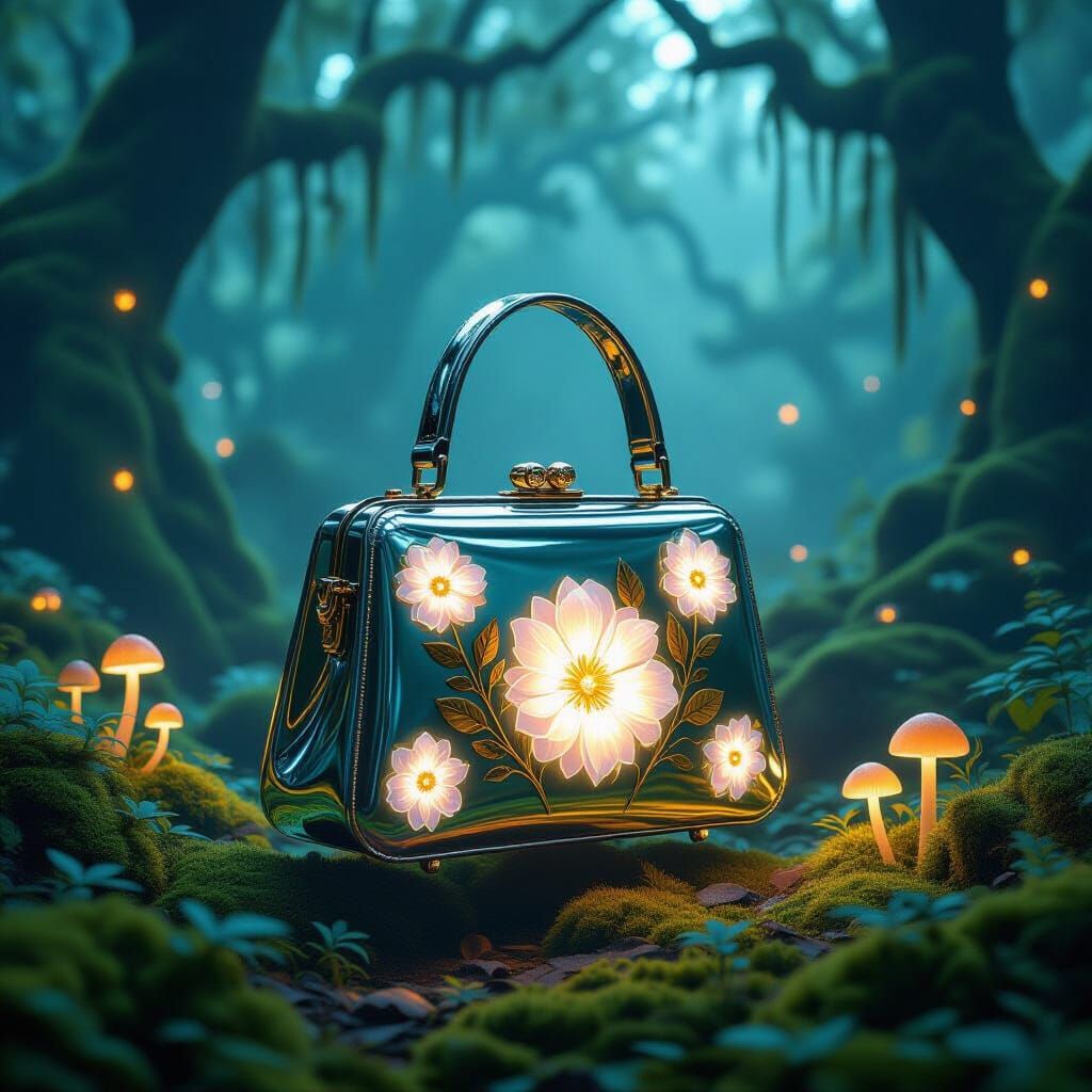 Chrome Handbag With Bioluminescent Flora in Enchanted Forest