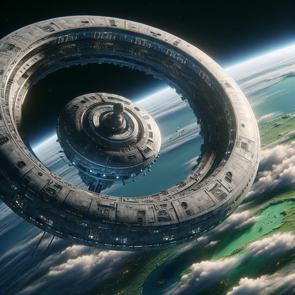 Surreal Space Station in Orbit Around a World of Endless Oce...