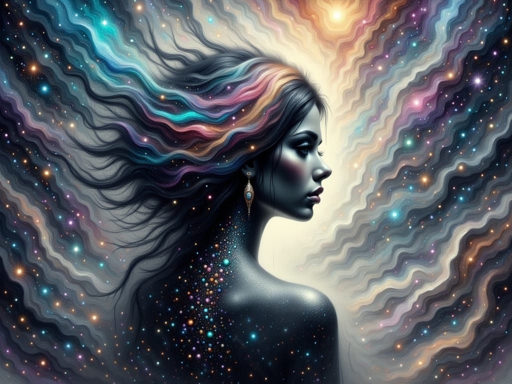 Mystical Figure in Cosmic Double Exposure Style