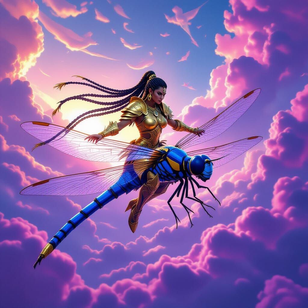 Amazon Warrior Rides Giant Sapphire Dragonfly in Alien Sky