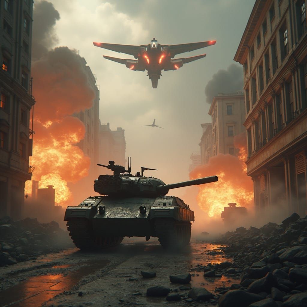 Epic AI War Scene with Drones and Mechs