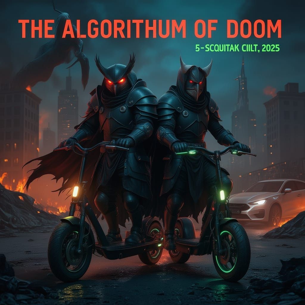 Demonic Owl Knight on E-Scooter T-Shirt Design