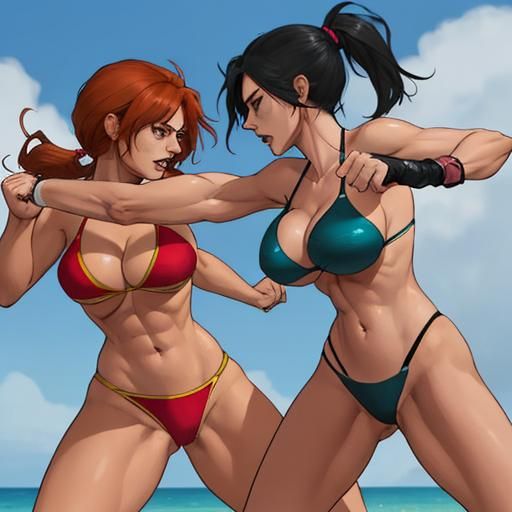 Women Fighting on Beach in Bikinis