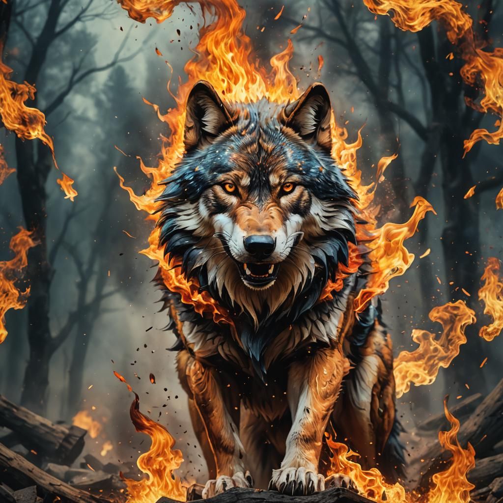 Fiery Wolf in Hyperrealistic Splash Art