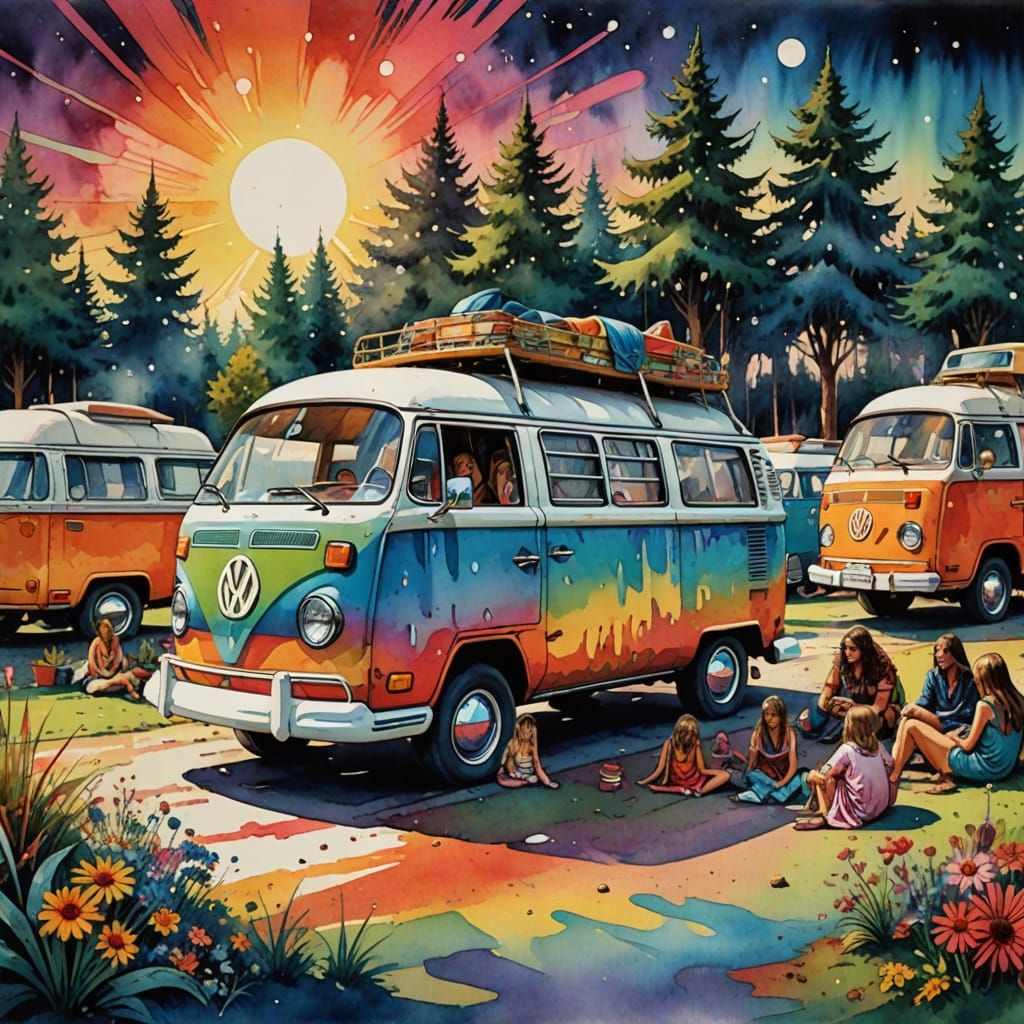 Psychedelic Hippie VW Van Scene