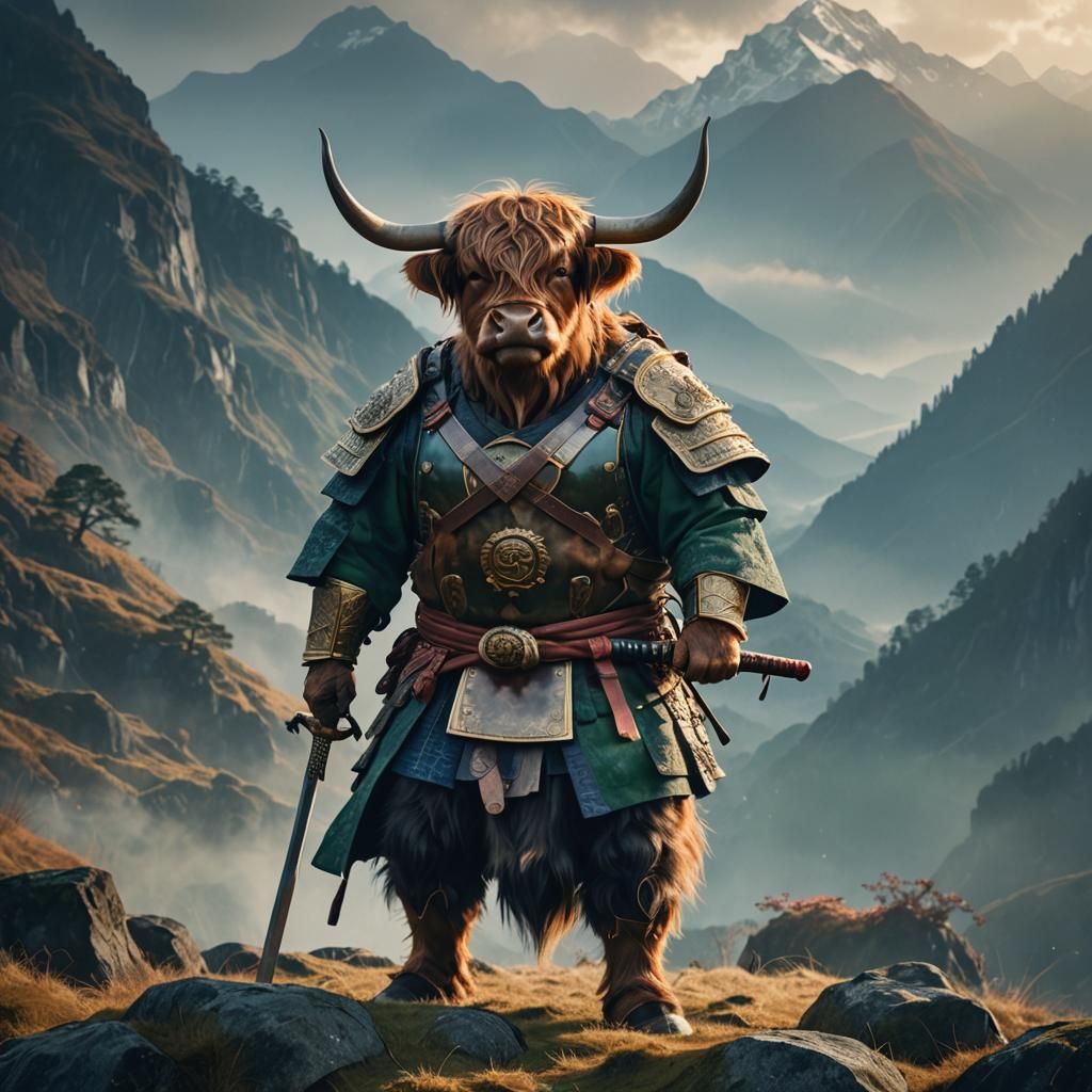 Majestic Highland Cow Samurai in Misty Mountains