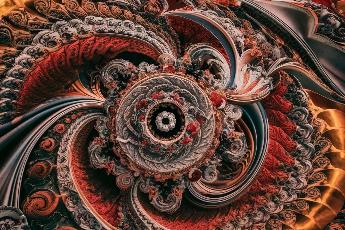 Baroque Fractal Mandala with Gold and Silver Accents