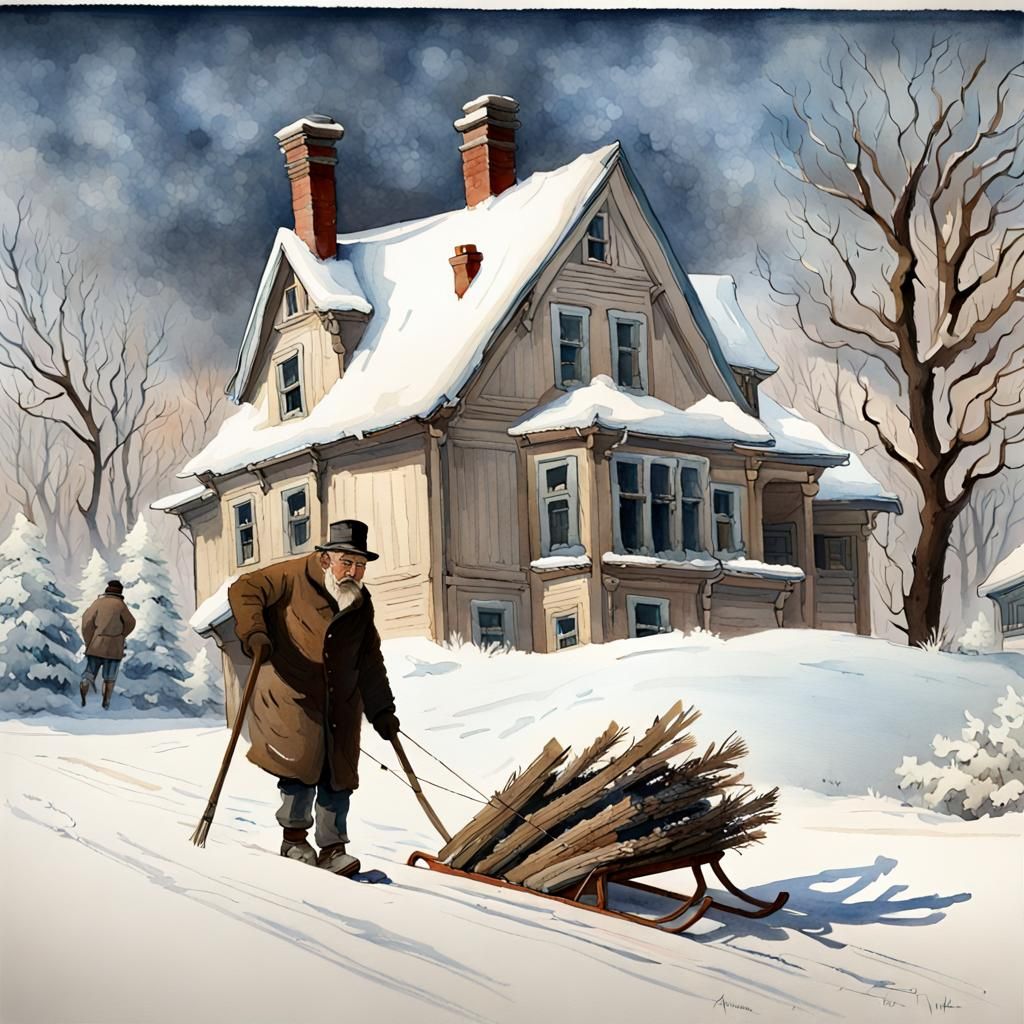 Victorian Winter Scene in Gouache Watercolor