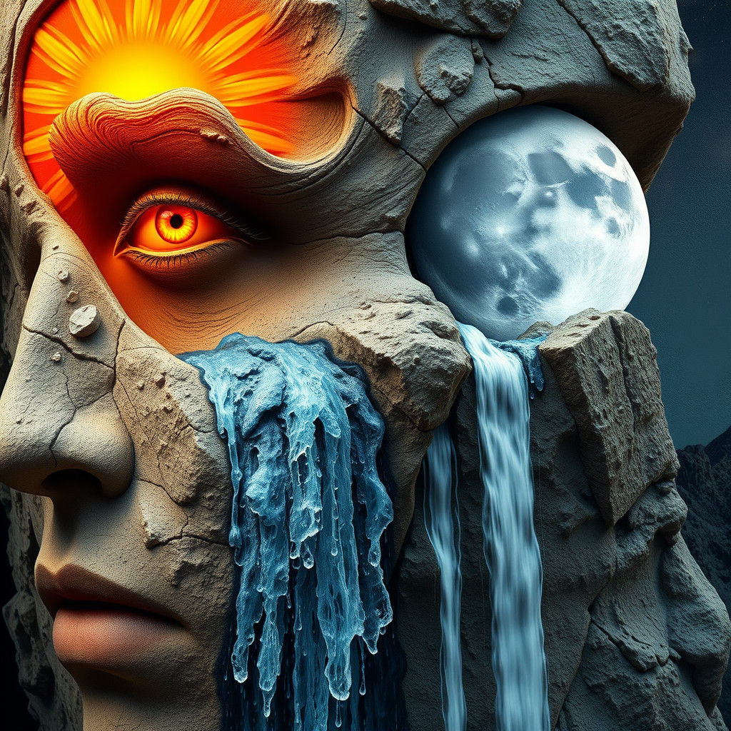 Surreal Face with Sun and Moon Eyes