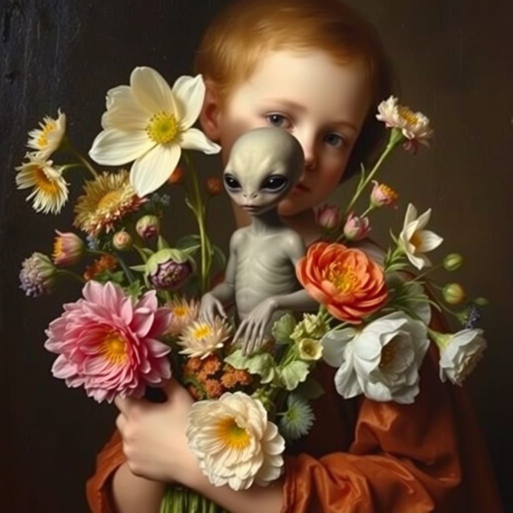 Boy with Alien in Flowers: Rembrandt-Style Painting