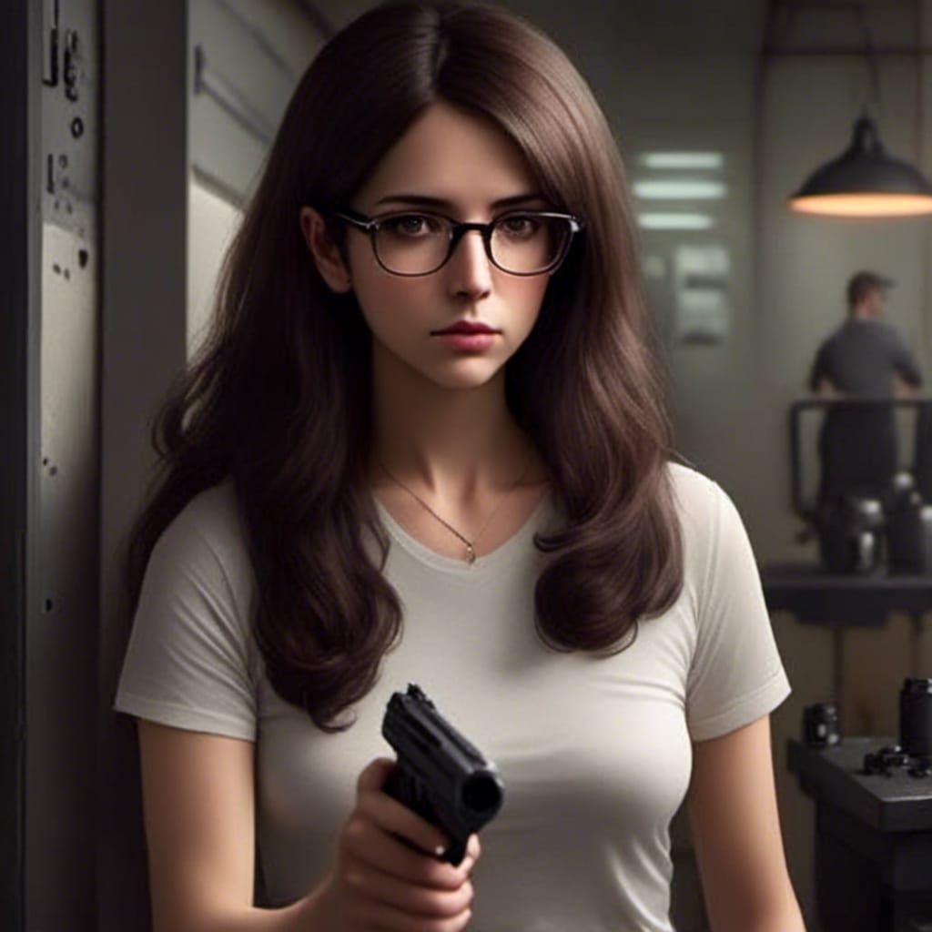Woman Shooting Pistol at Firing Range in Hyperrealism