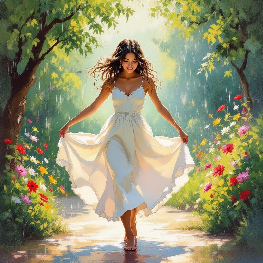 Dancing in Summer Rain: Dreamy Oil Painting