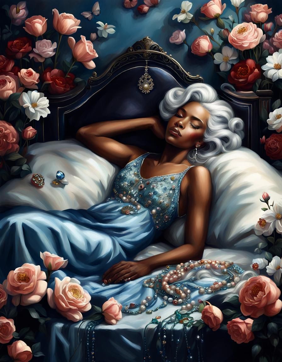 Hyperrealistic Portrait: Woman Sleeping in Luxurious Room