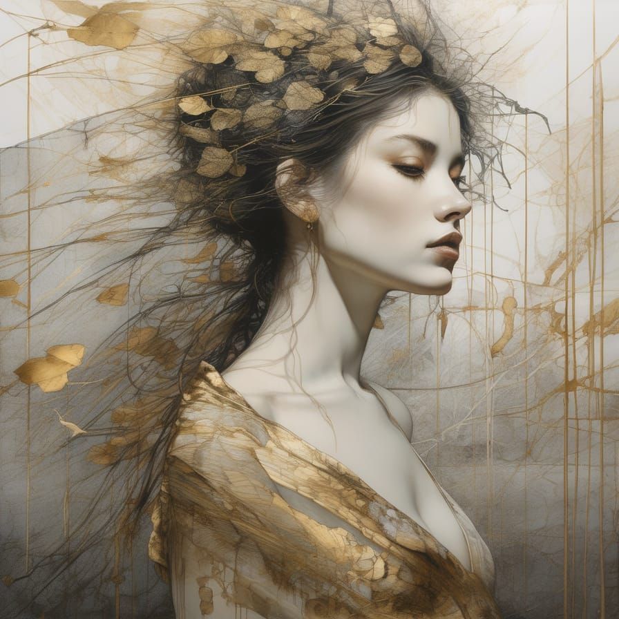 Portrait with Gold Leaf in Surrealist Style