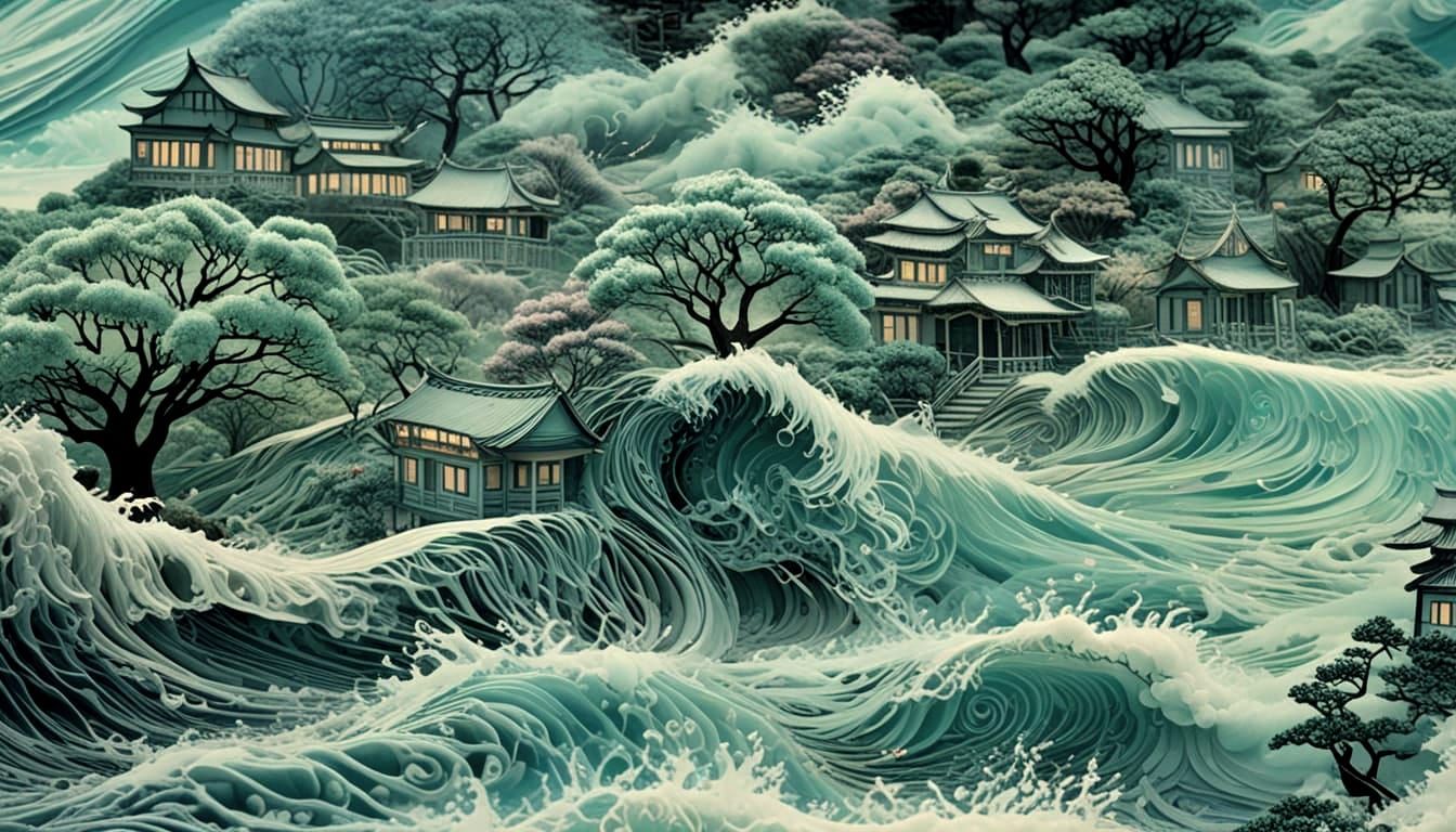 Icy Bonsai Village Wave in Sumi-e Style