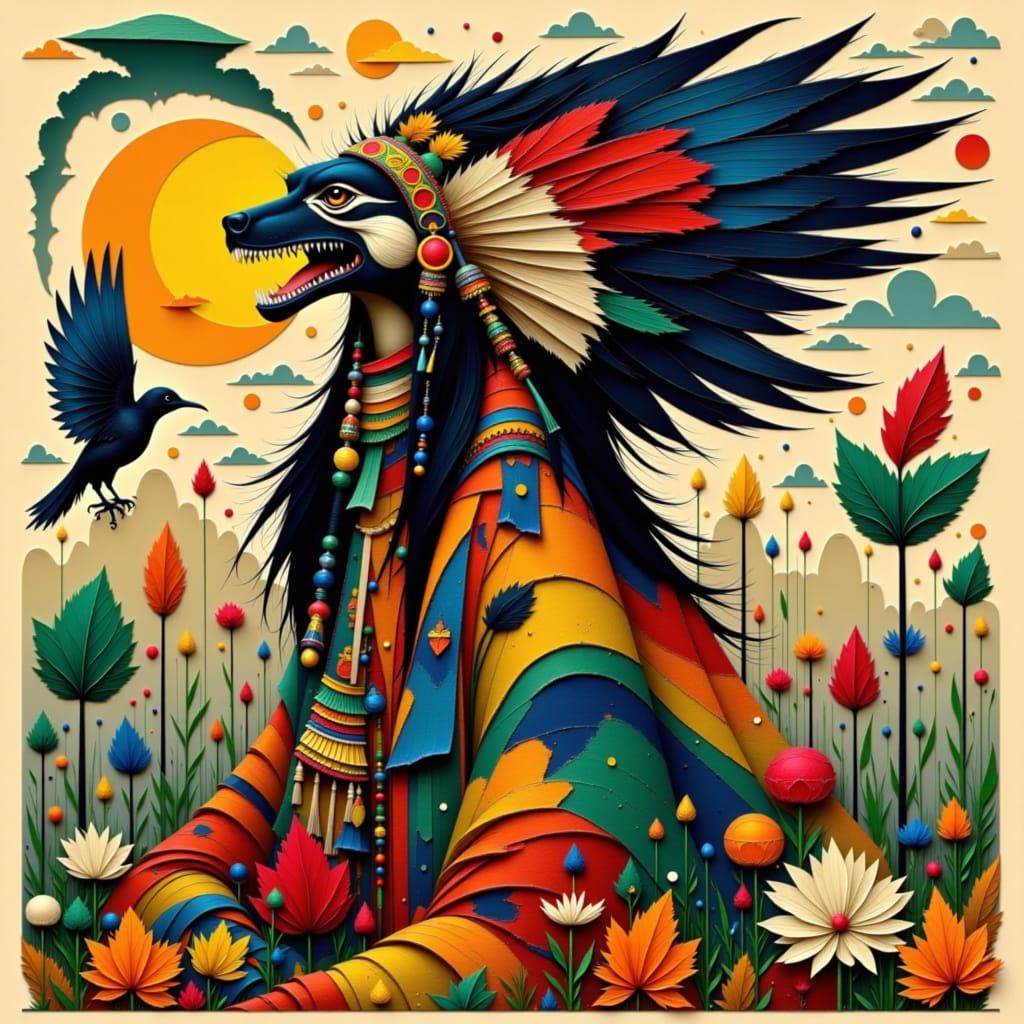 Rumsen Tribal Figure with Coyote, Eagle, Hummingbird