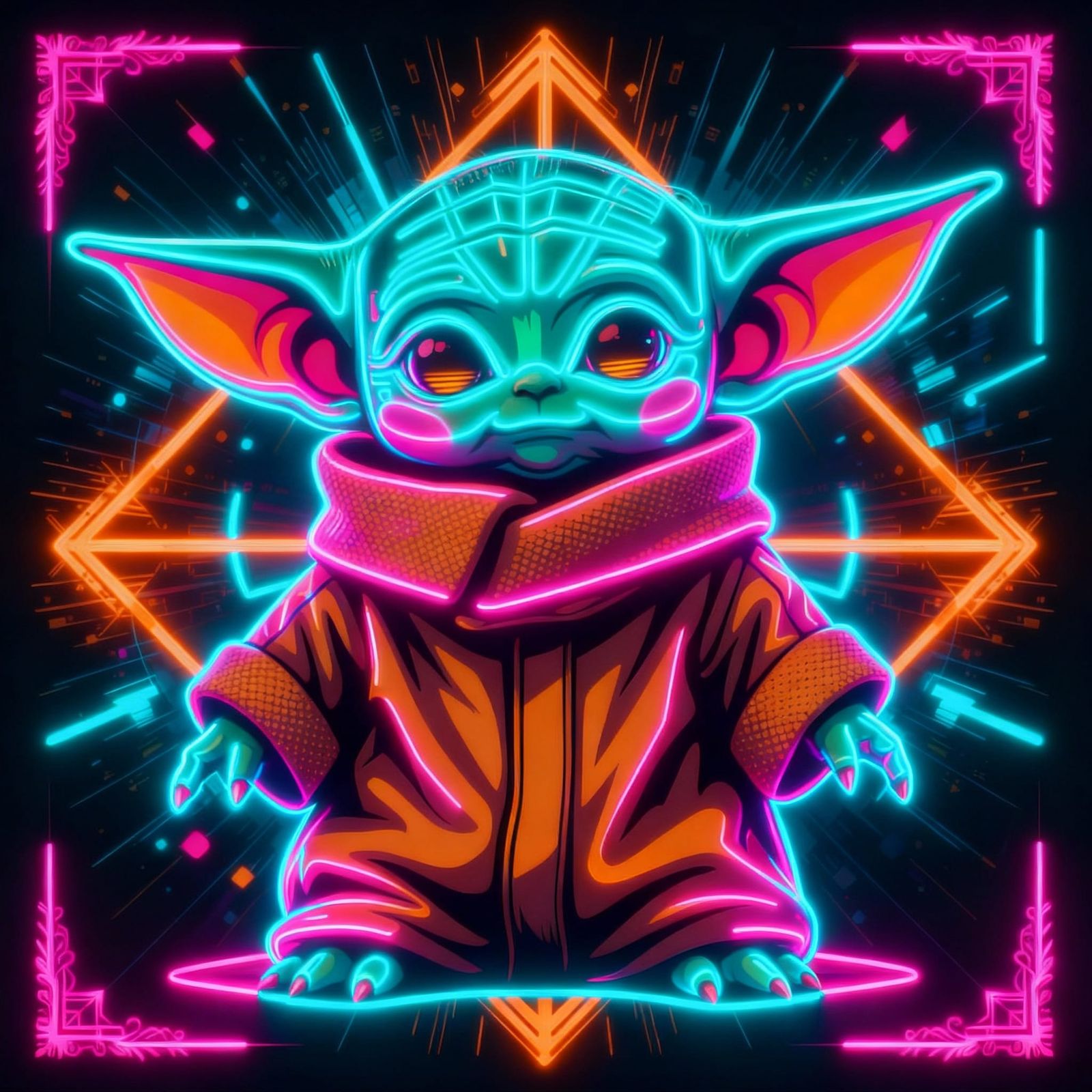 Cyberpunk Baby Yoda in Neon City