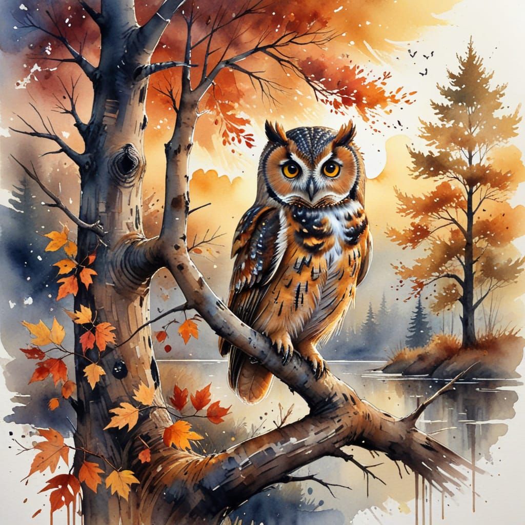 Watercolor Autumn Owl in Tree at Sunset
