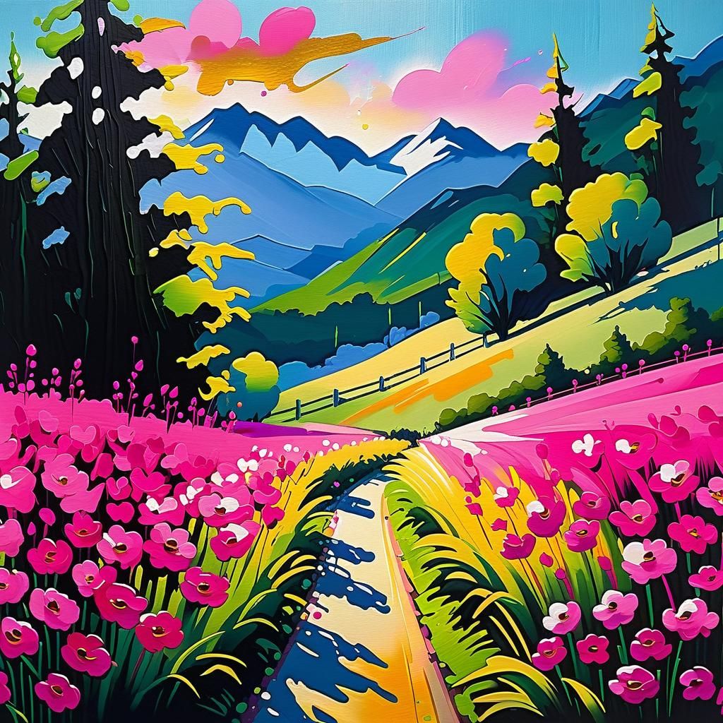 Expressionist Landscape with Pink Flowers in Gouache Style