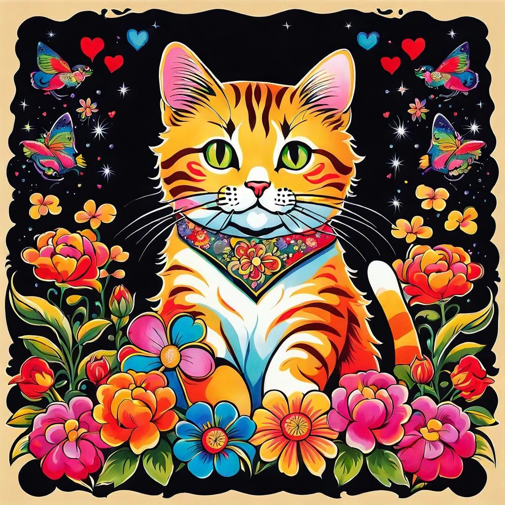 Cute Cat Surrounded by Flowers in Tattoo Art Style