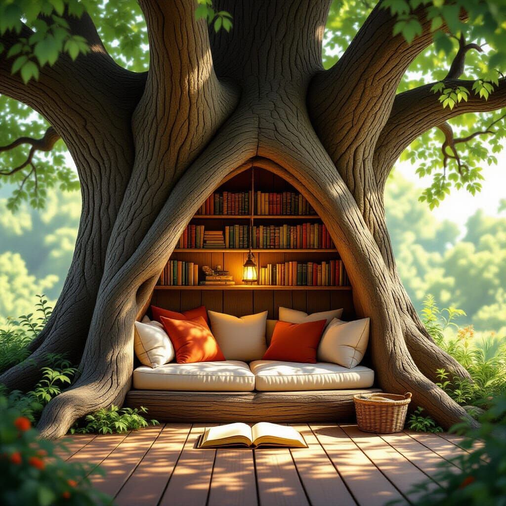 Cozy Tree Nook: Sun-Drenched Reading Sanctuary in Storybook ...