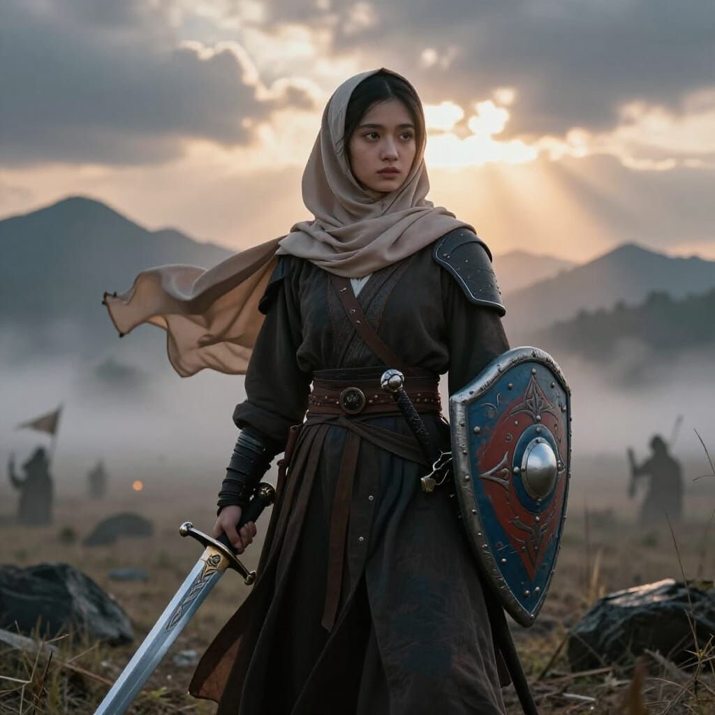 Muslim Warrior Girl on Misty Battlefield at Dawn