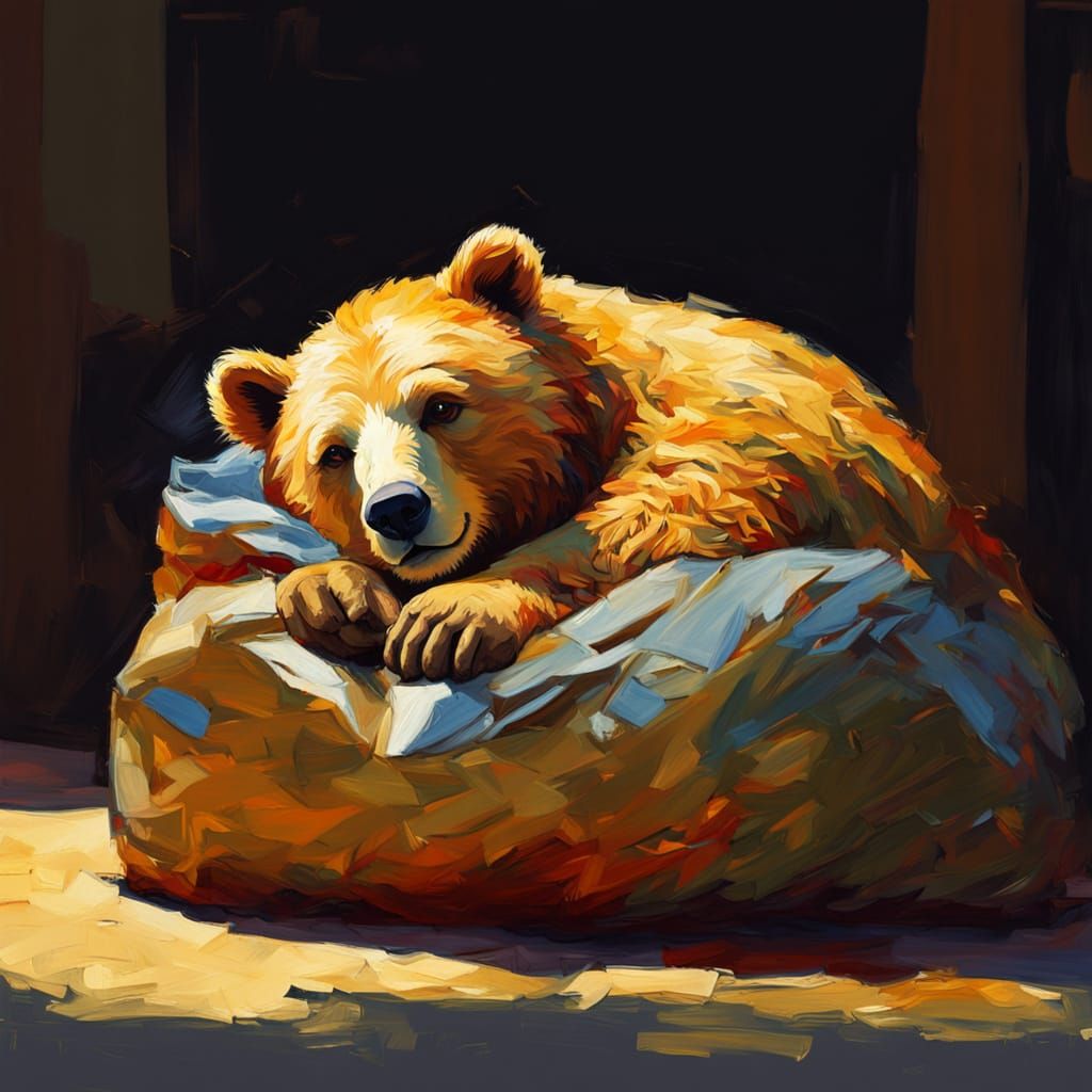 Friendly Bear Sleeps on Gold in Neo-Impressionist Style