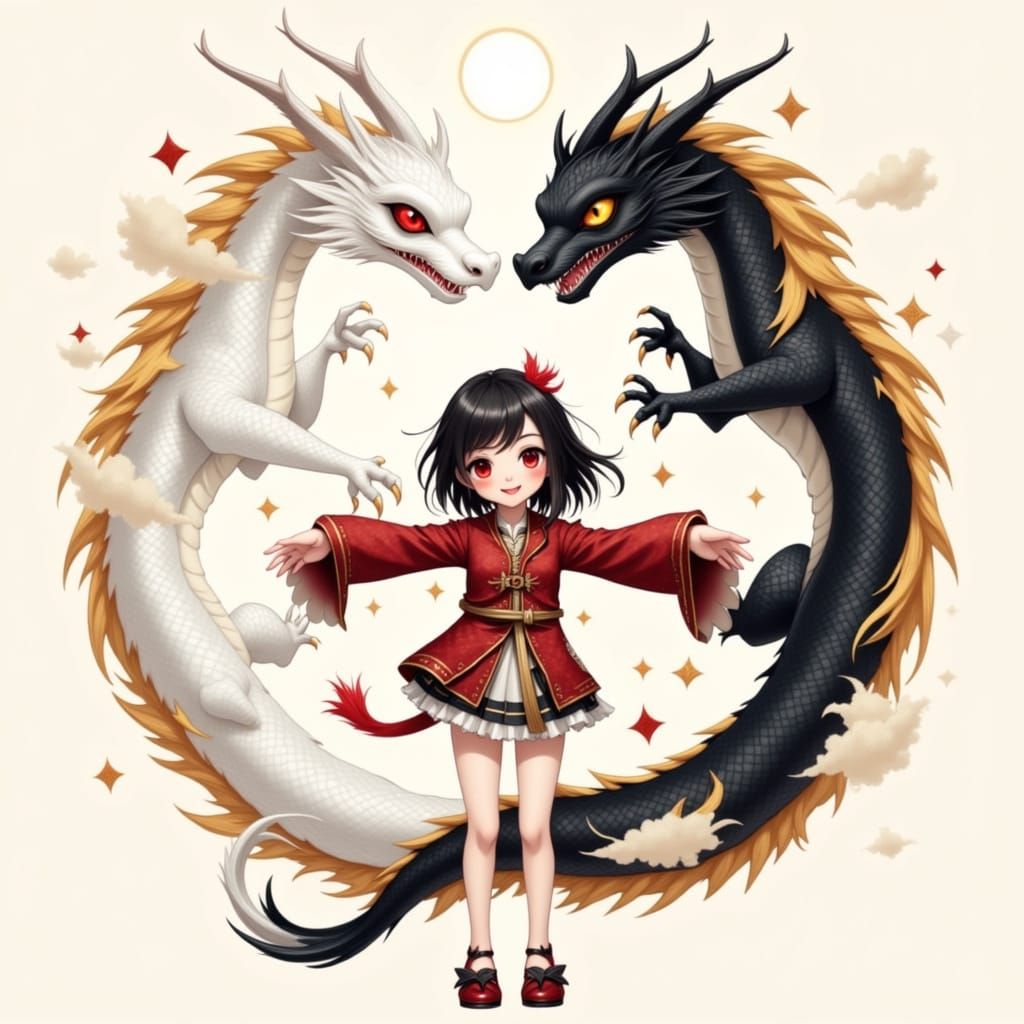 Cute Anime Girl With Twin Dragons in Yin Yang Style