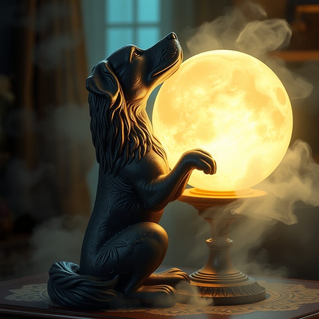 Dog Statue Lamp with Moon Ball, Dreamy Mist