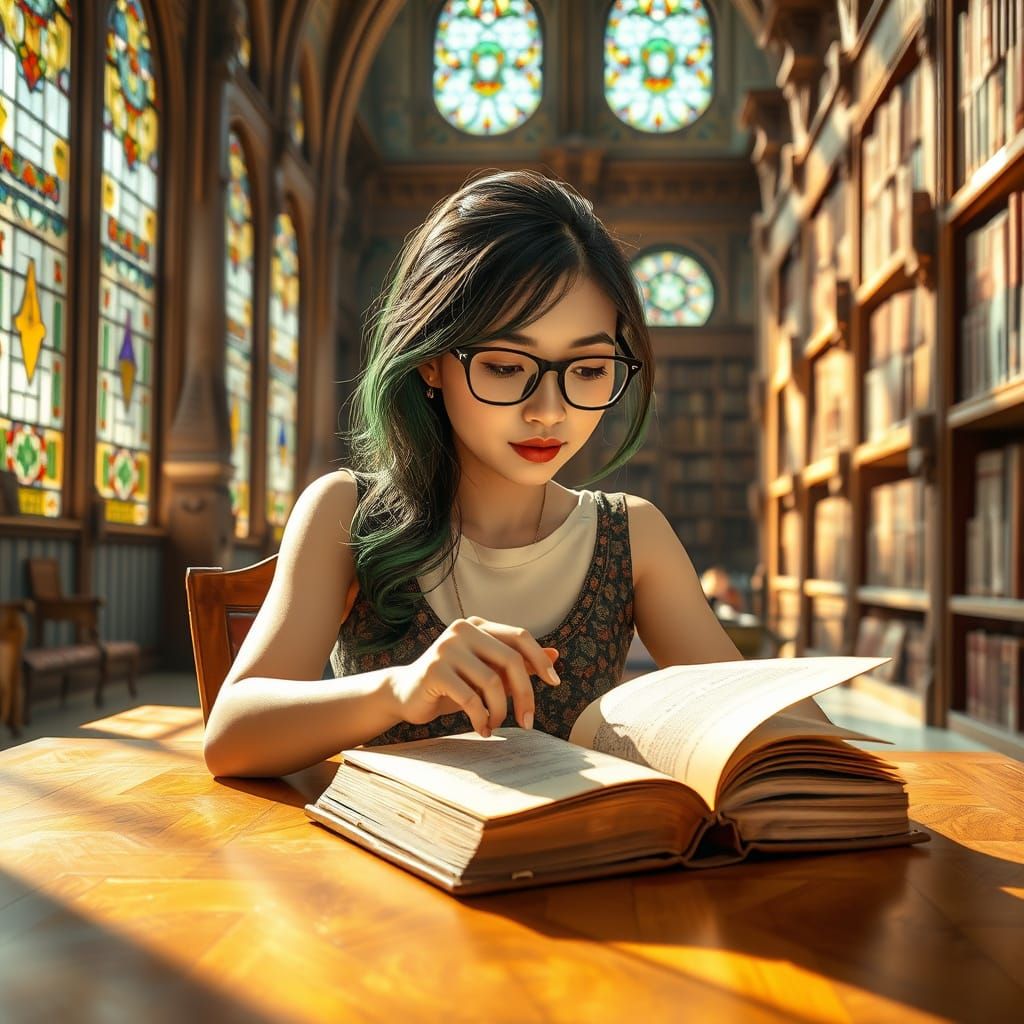 Woman Reading in Library as Art Nouveau Illustration