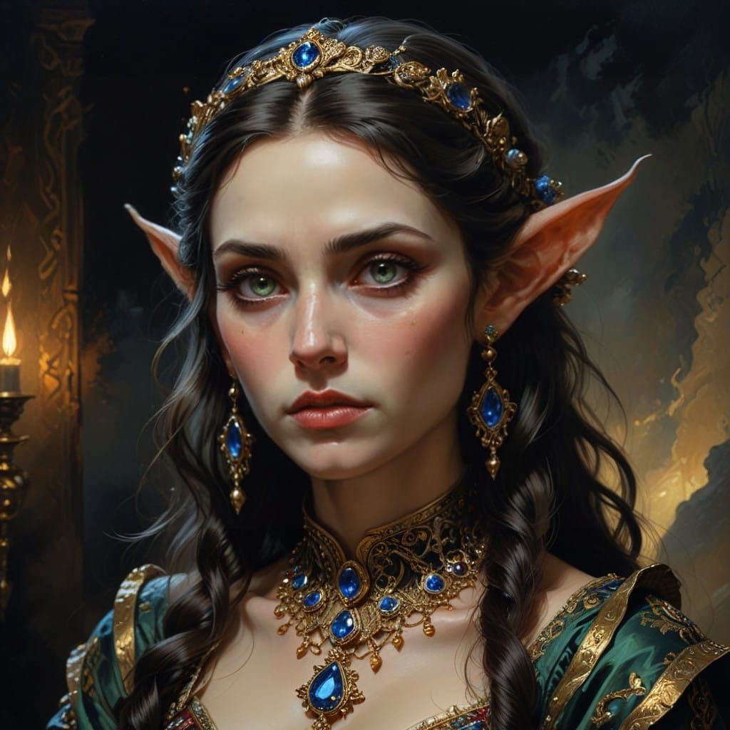 Elegant Elf Noblewoman in Mysterious Portrait
