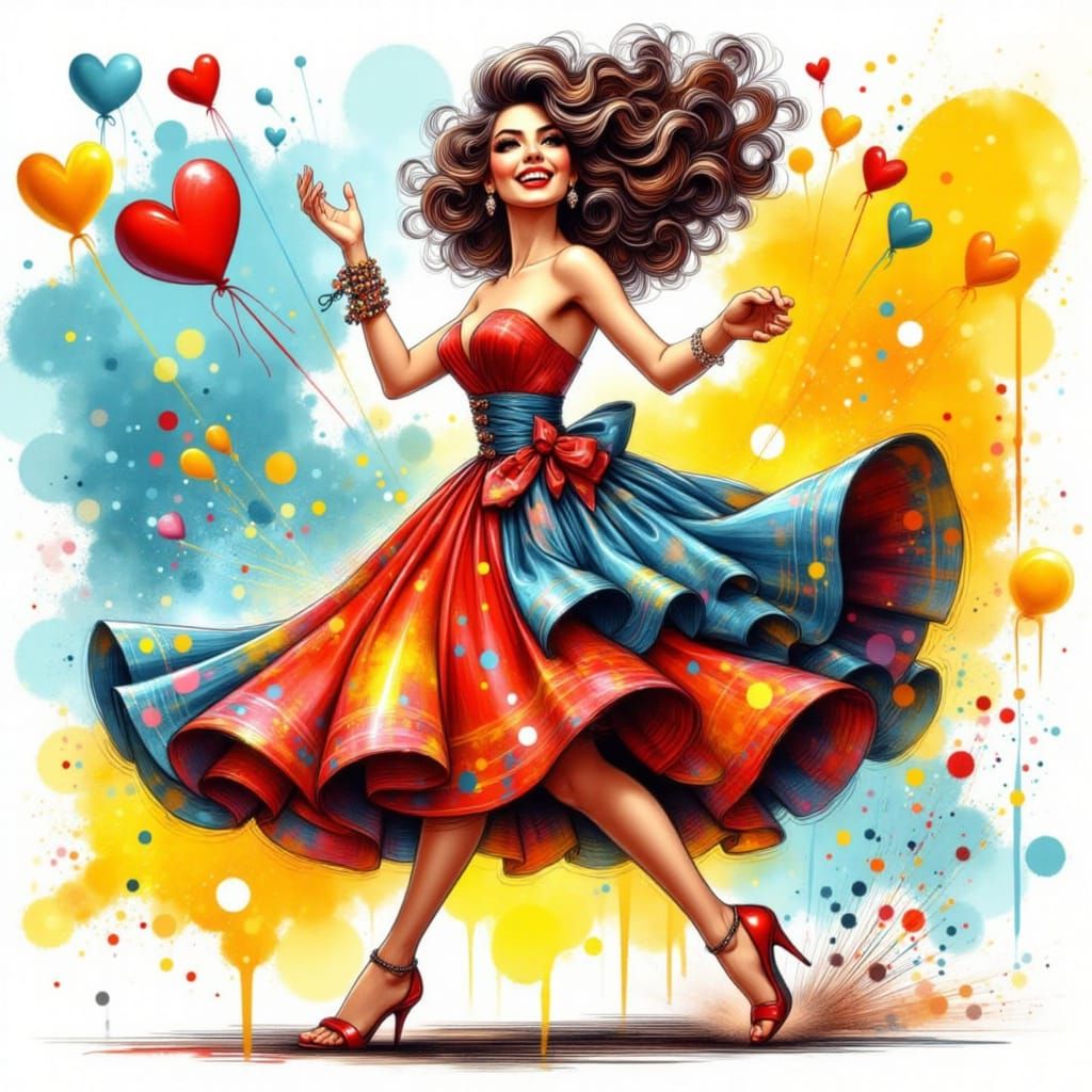 Sassy Pinup Girl Celebrates Success in Vibrant Bauhaus Style