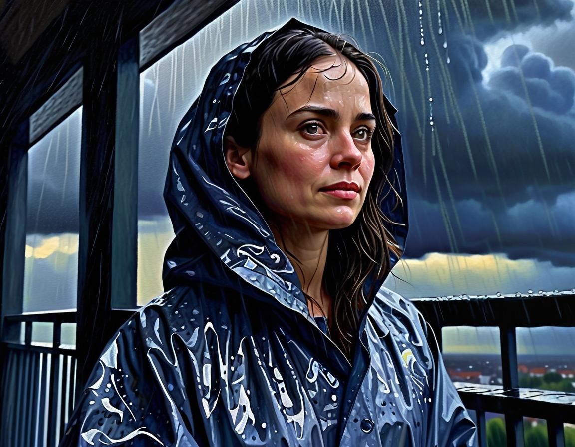 Woman in Rain: Chiaroscuro Oil Painting