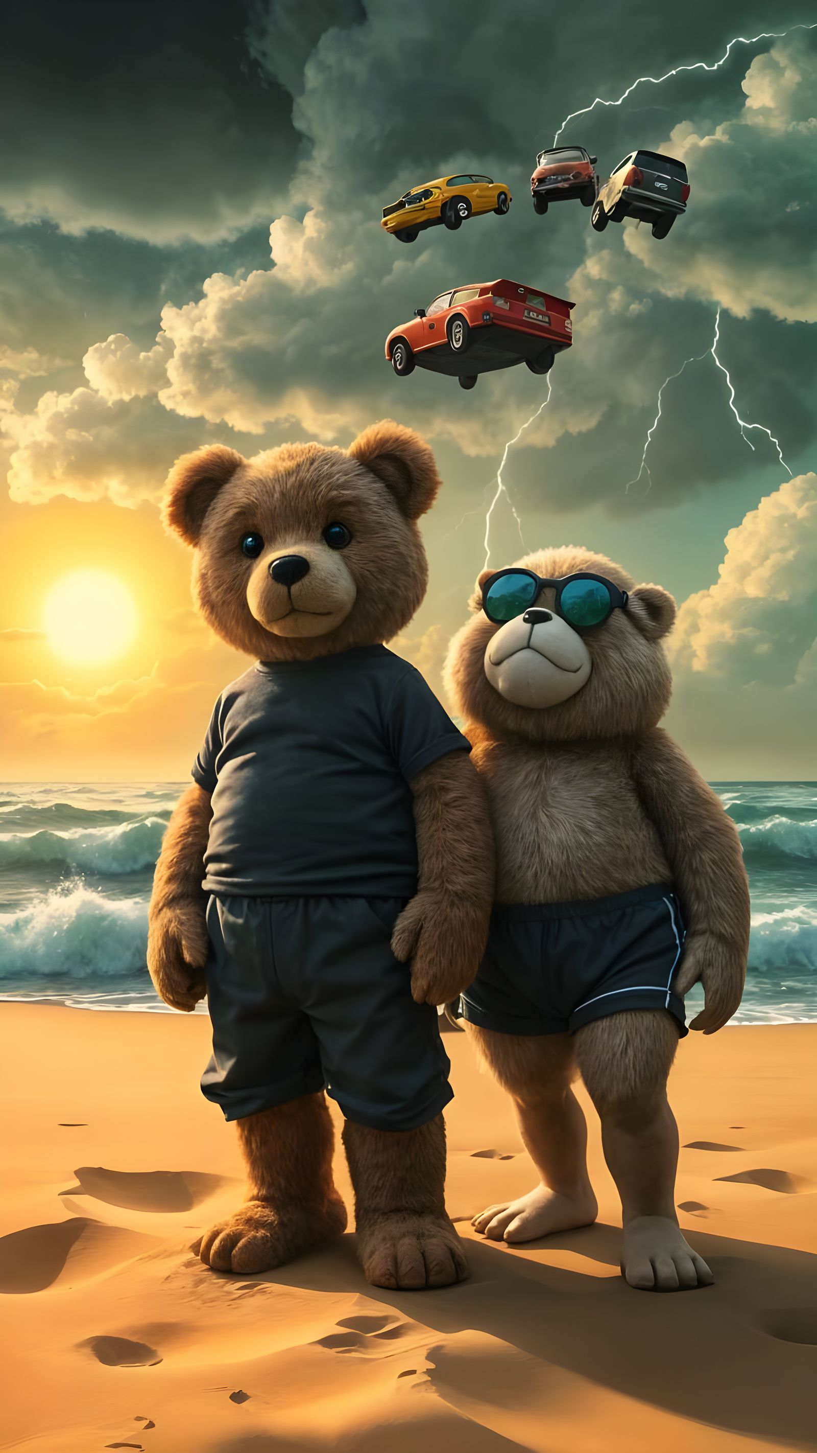 Teddy and Cousin Fluff at Flying Car-Show on Beach