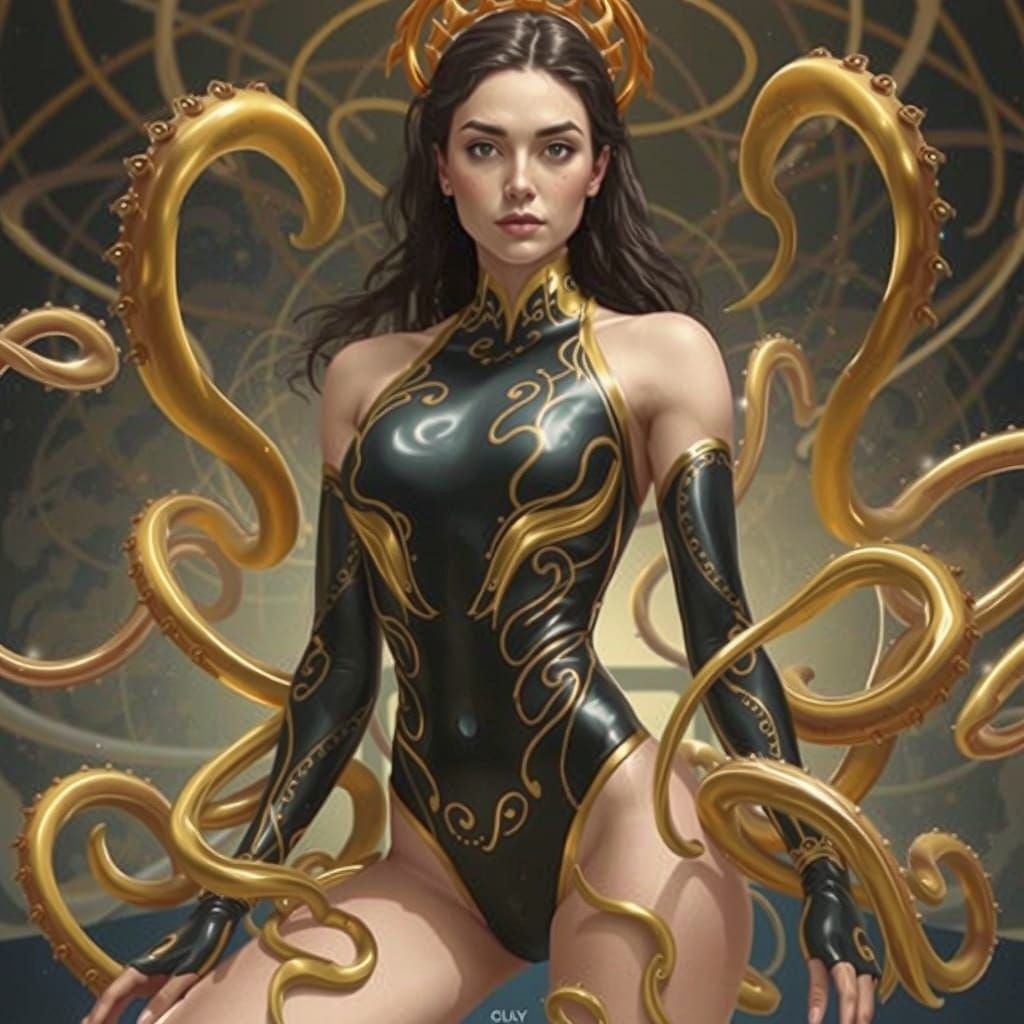 Gymnast with Metallic Tentacles in Cyberpunk Biomechanical S...