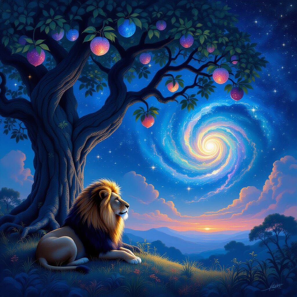 Majestic Lion Under Starry Tree in Nebula Sky