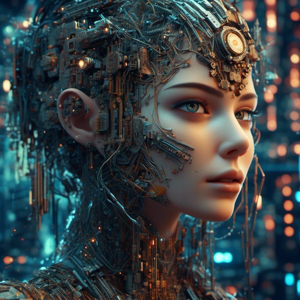 Computerized Woman's Face Made of Circuitry